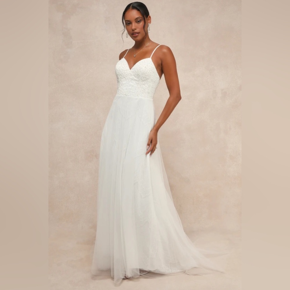 LULUS “Love Perfection” White Lace Tulle Beaded Wedding Dress, XS, NWT